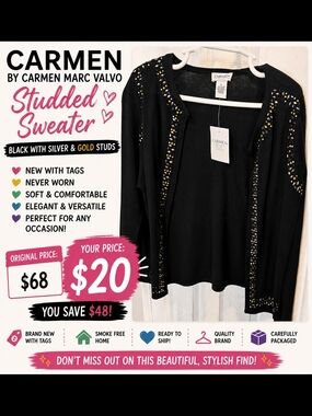 Carmen Marc Valvo Black Studded Sweater